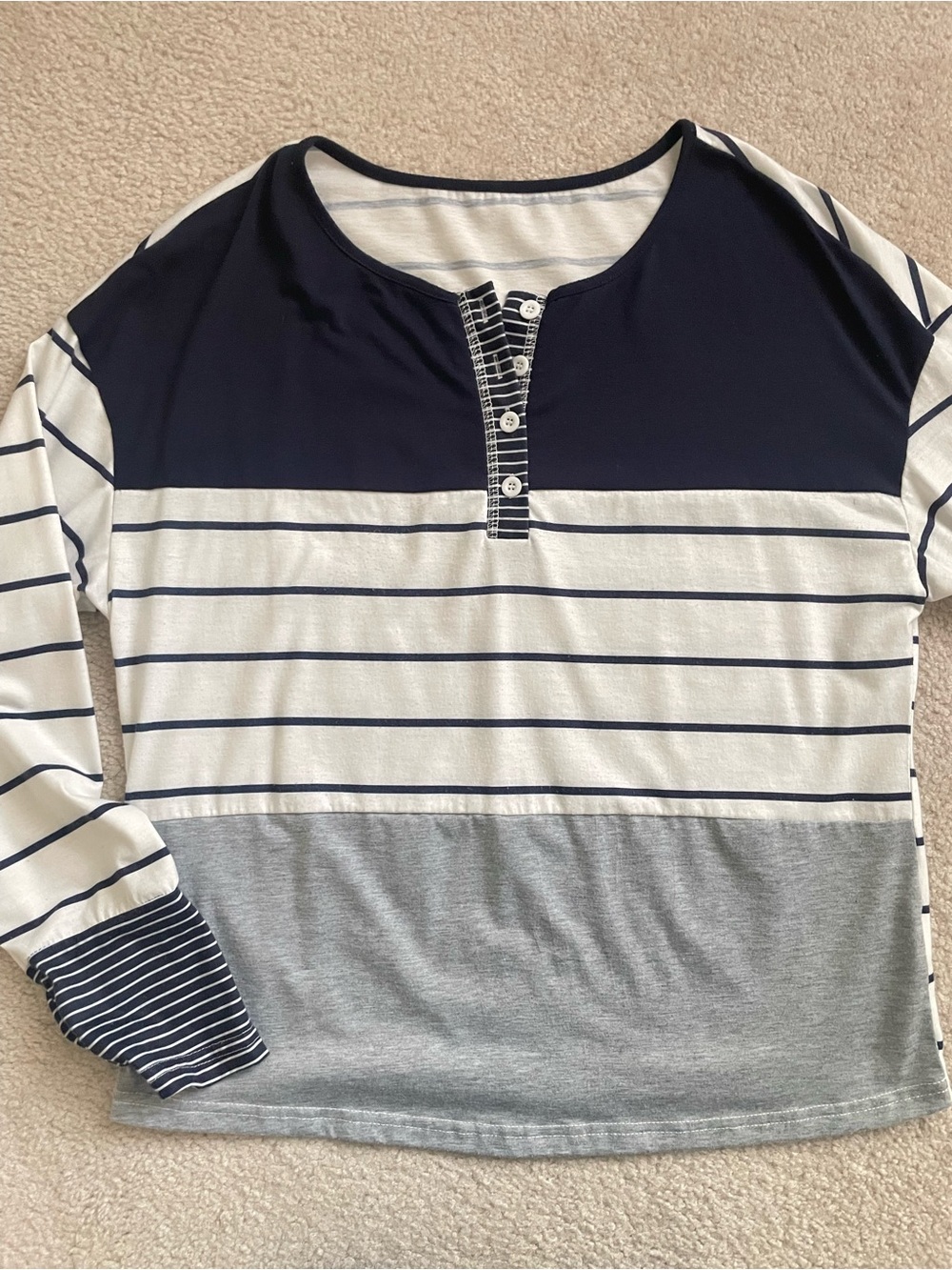 Women's Long Sleeve Lightweight Henley Striped Colorblock Top Navy White Gray